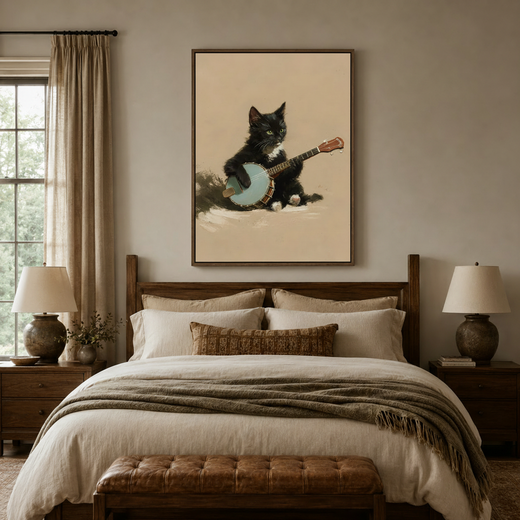 Charming cat with banjo canvas wall art above a linen bed in a cozy neutral bedroom