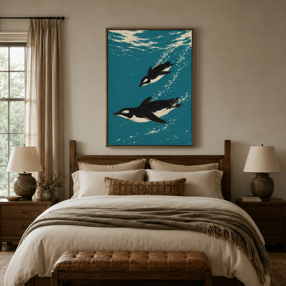 Linocut penguin ocean wall art in walnut float frame centered above dark wood bed in cozy bedroom interior