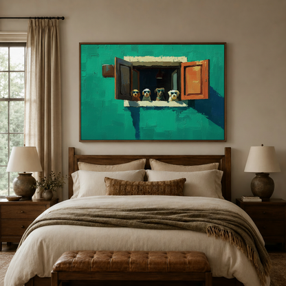Vibrant impasto painting of four cool dogs centered above bed in neutral bedroom