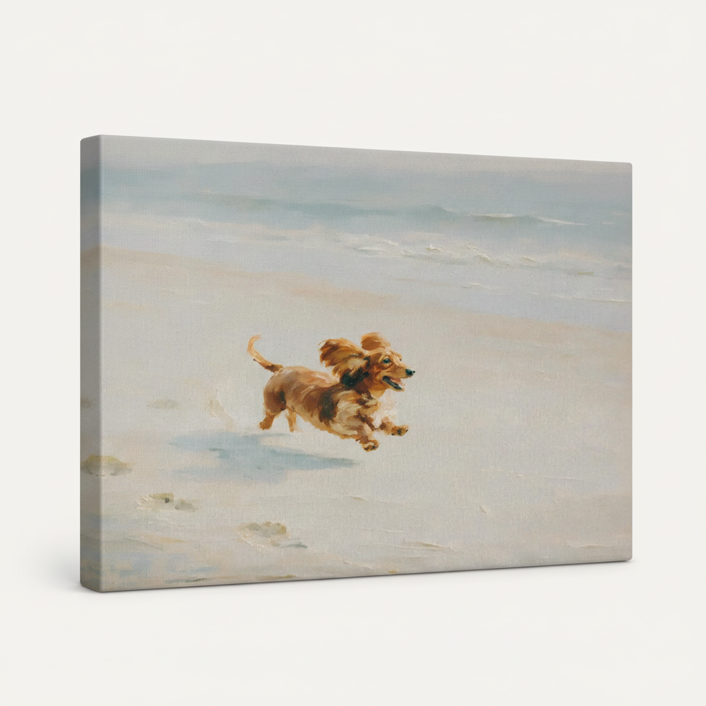 Gallery wrapped dachshund racing retro cartoon canvas side view showing bright green track tones wrapping edges
