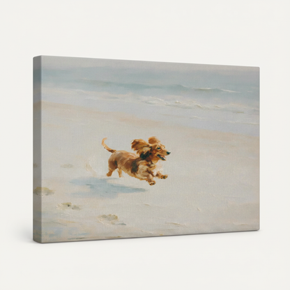Gallery wrapped dachshund racing retro cartoon canvas side view showing bright green track tones wrapping edges