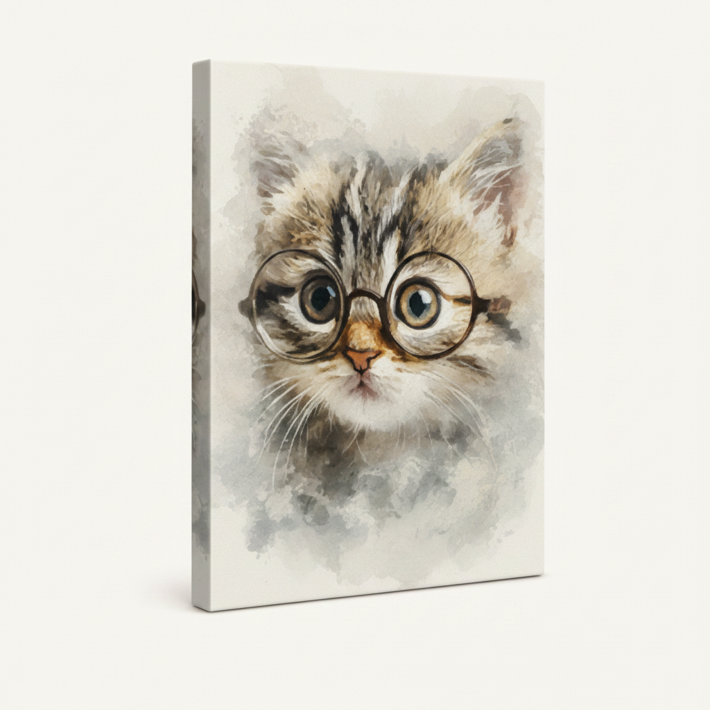 Kitten glasses watercolor gallery wrap canvas 3/4 angle side view showing soft cream-gray wrapped edges on off-white background no shadow