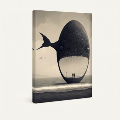 Gallery-wrapped surreal whale canvas showing giant dark whale hovering above sea with two tiny figures below