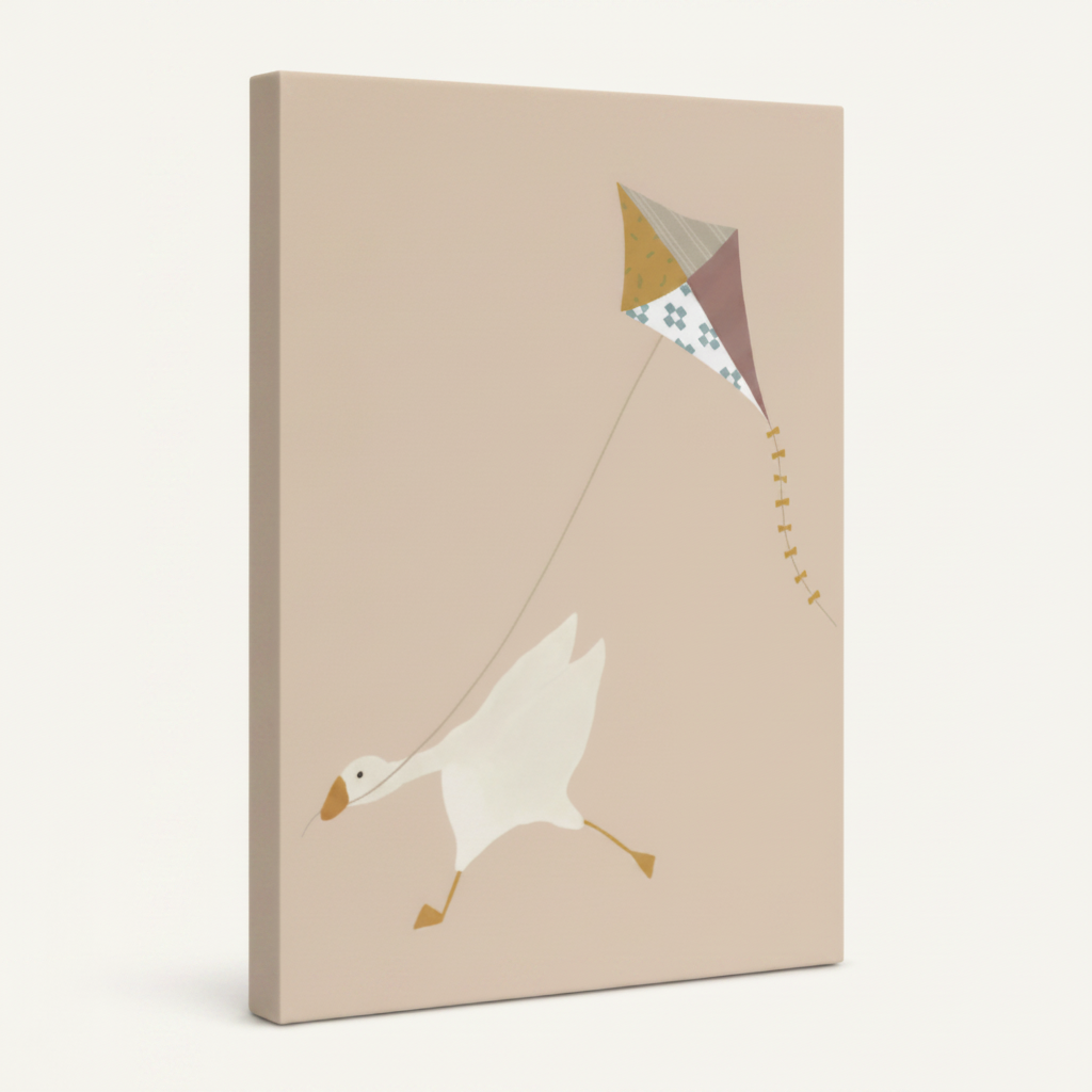 Gallery-wrapped goose kite minimalist canvas showing warm sandy beige wrap edges, no frame, 3/4 angle