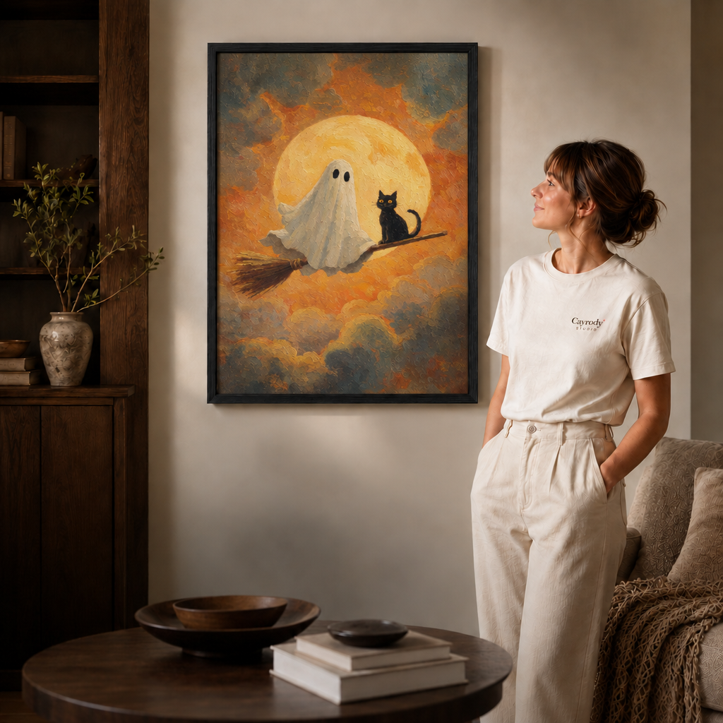 Black-framed ghost and black cat Halloween wall art beside a woman in a softly lit room.