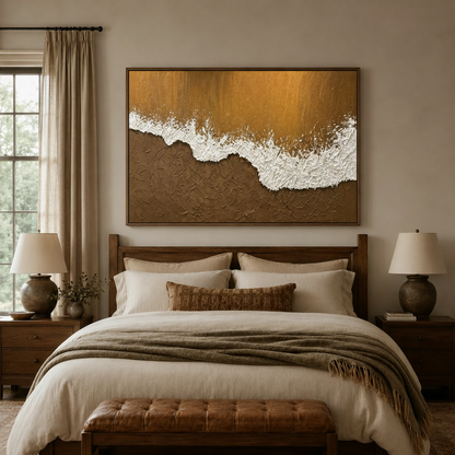 Abstract coastal wave painting in dark float frame above linen bed in cozy neutral bedroom