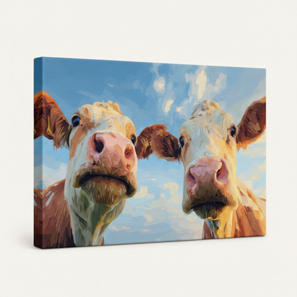 Gallery wrapped cow impasto canvas side view showing blue sky background wrapping around edges