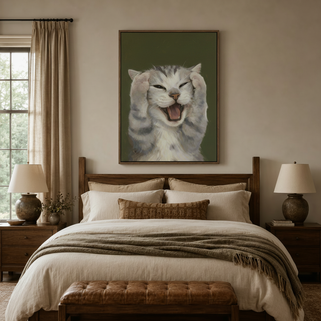 Humorous cat wall art with dramatic feline expression, styled above a dark wood bed frame in a warm bedroom