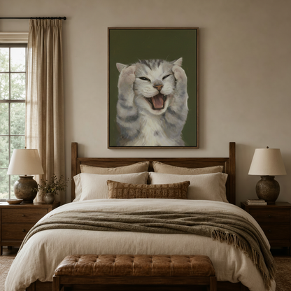 Humorous cat wall art with dramatic feline expression, styled above a dark wood bed frame in a warm bedroom