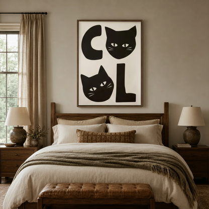 Minimalist cat typography wall art above a bed in a cozy bedroom