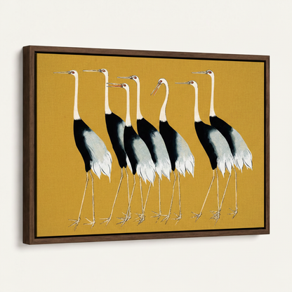 Dark walnut framed Japanese crane canvas art shown at angle on white background