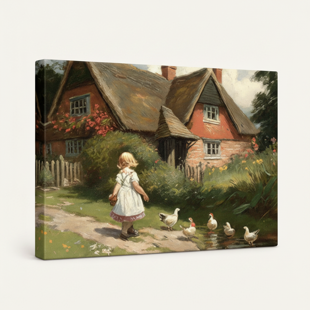 Gallery wrapped impressionist cottage girl canvas side view lush green garden tones wrapping edges