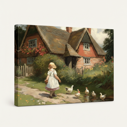 Gallery wrapped impressionist cottage girl canvas side view lush green garden tones wrapping edges