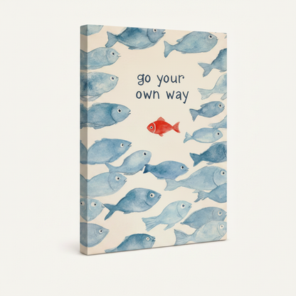 One red fish swimming against blue school watercolor canvas in wide dark walnut float frame, 3/4 portrait angle