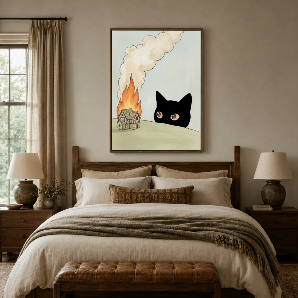  Funny cat meme canvas print above bed in cozy bedroom, watercolor illustration style