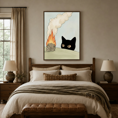  Funny cat meme canvas print above bed in cozy bedroom, watercolor illustration style