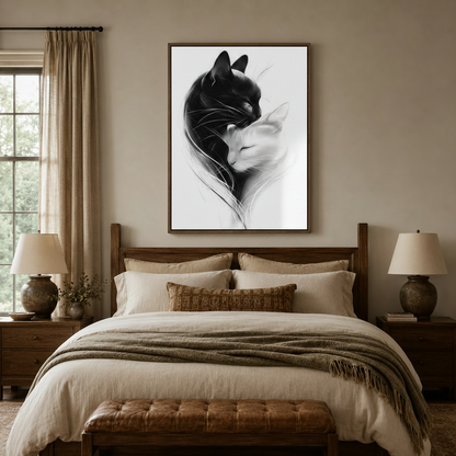 Romantic yin yang cat artwork above bed in a cozy neutral bedroom interior