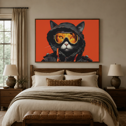 Graphic tactical cat canvas art in floater frame above a neutral-toned bedroom headboard