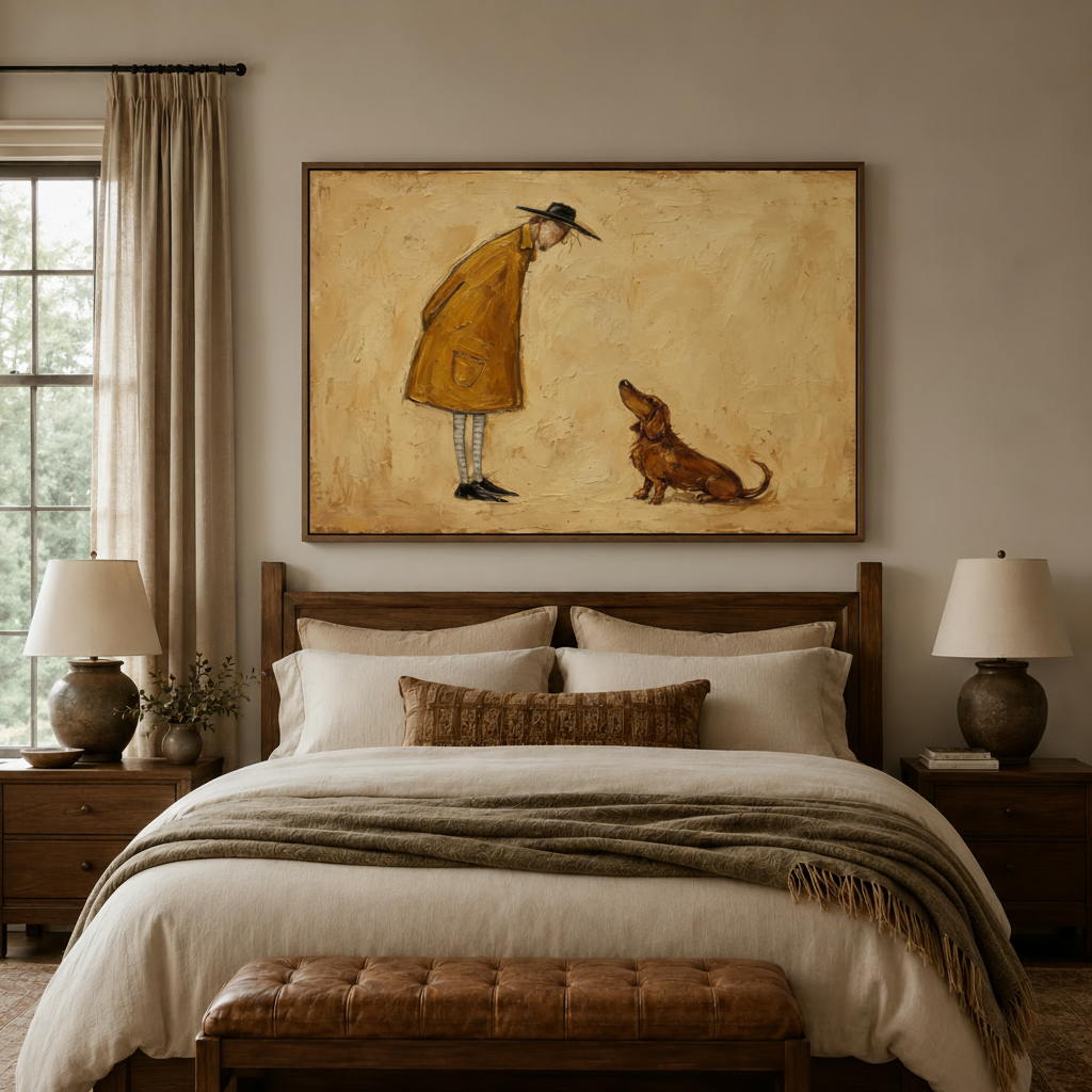 Whimsical man and dachshund canvas print hanging above a wooden bed in a cozy neutral bedroom.