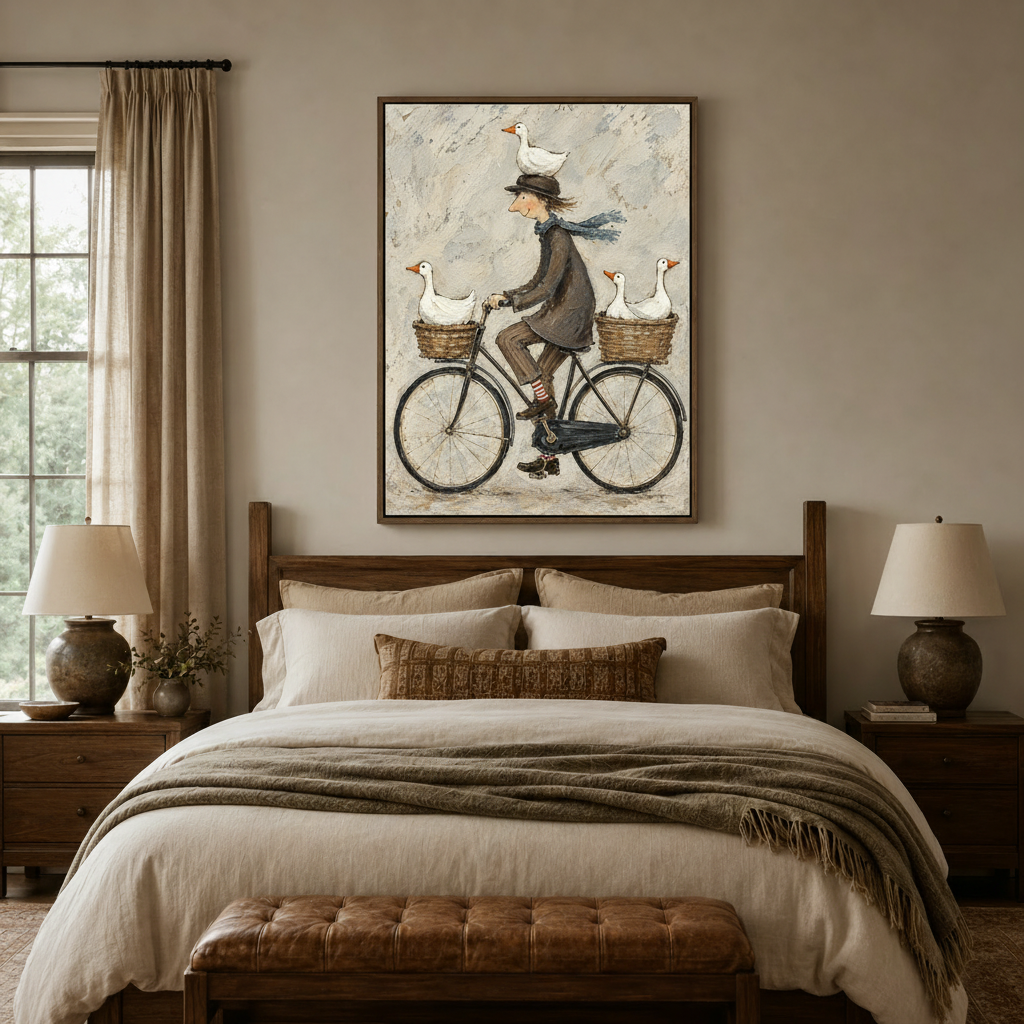 Whimsical bicycle and goose canvas print above rustic wooden headboard in a cozy neutral bedroom
