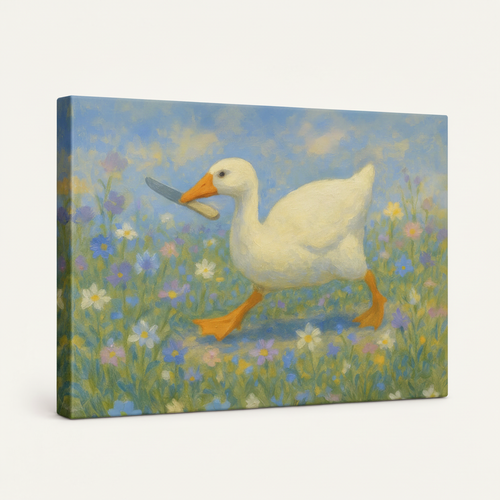 Gallery wrapped duck wildflower impressionist canvas side view showing soft blue sky wrapping around edges