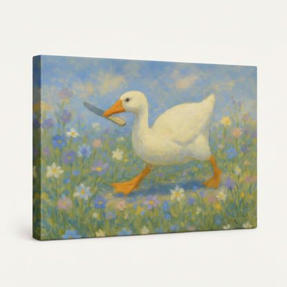 Gallery wrapped duck wildflower impressionist canvas side view showing soft blue sky wrapping around edges