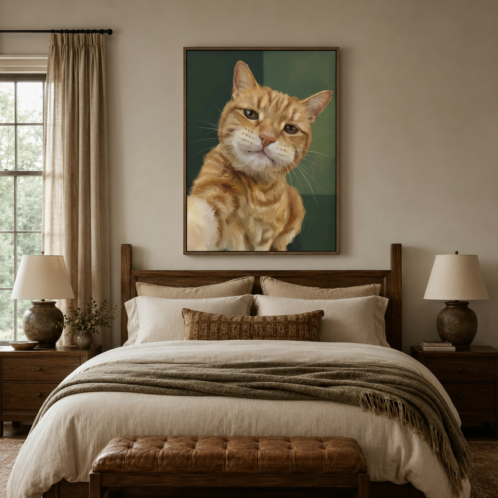 Realistic orange tabby selfie cat portrait above a wooden bed headboard in a cozy neutral bedroom