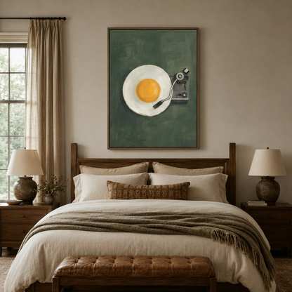 Olive green surrealist canvas print above a bed in a cozy neutral-toned bedroom interior