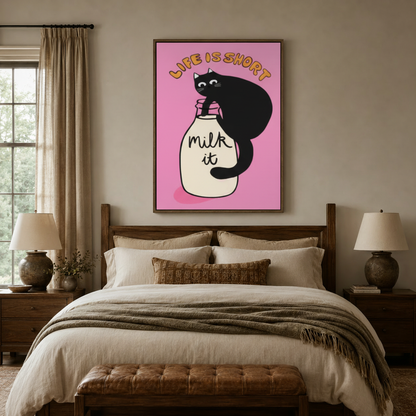 Quirky black cat Life Is Short canvas wall art above a wooden bed headboard in a cozy neutral bedroom