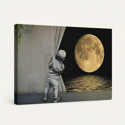 Gallery wrapped surrealist moon canvas print frameless angled side view