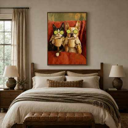 Funny animal wall art above bed in cozy bedroom with walnut wood headboard and warm linen bedding