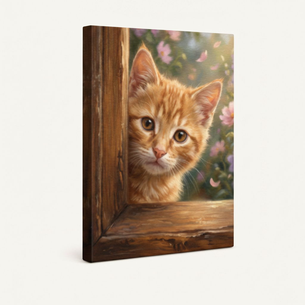 Gallery-wrapped kitten spring door canvas showing warm dark brown wrap edges, no frame, 3/4 angle view