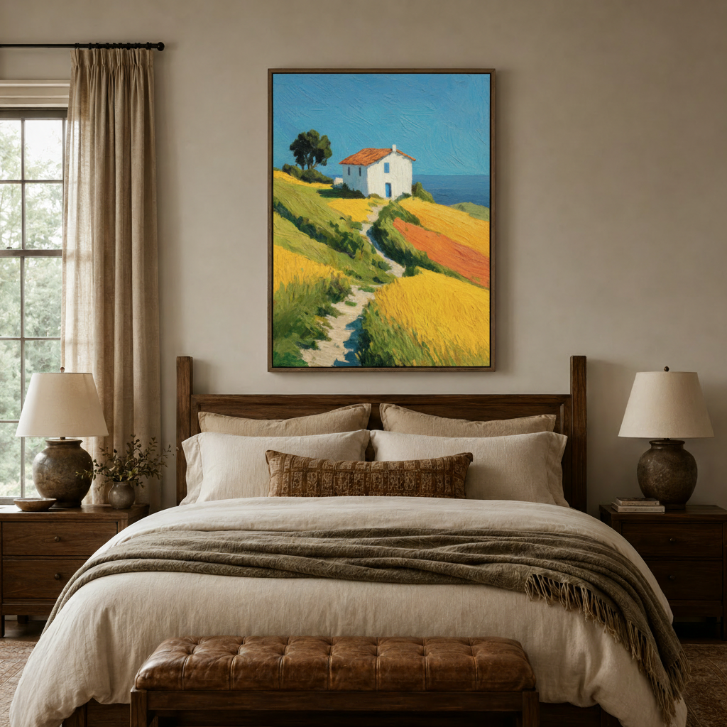 Impressionist farmhouse oil painting canvas wall art hanging above a cozy bedroom bed