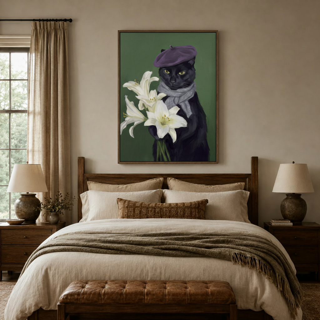 Elegant black cat with lily bouquet canvas centered above a dark wood bed frame in a warm bedroom