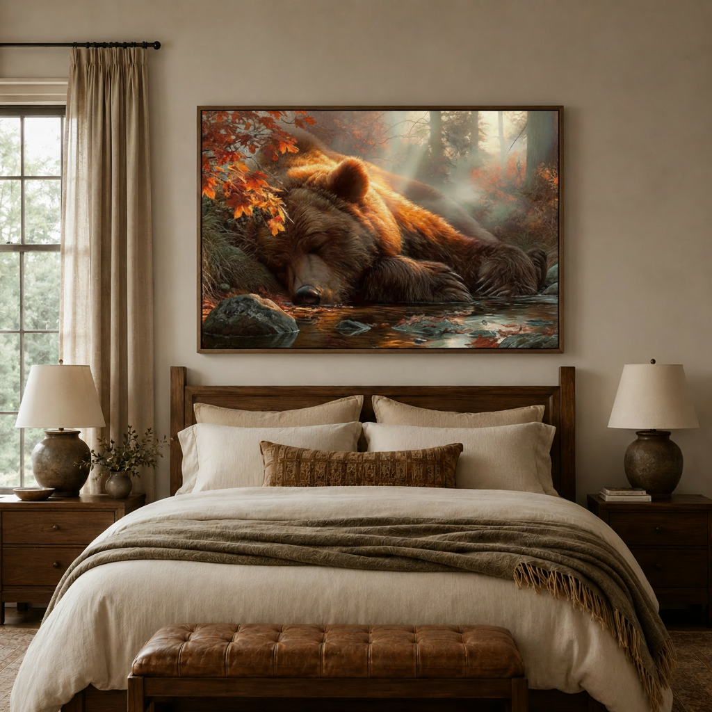 Framed bear forest canvas print hanging above bed in cozy neutral bedroom decor