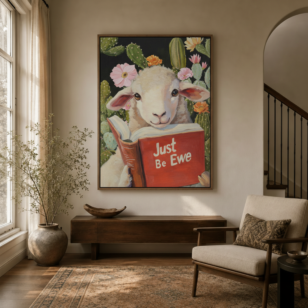Whimsical lamb reading Just Be Ewe book canvas print in warm modern entryway
