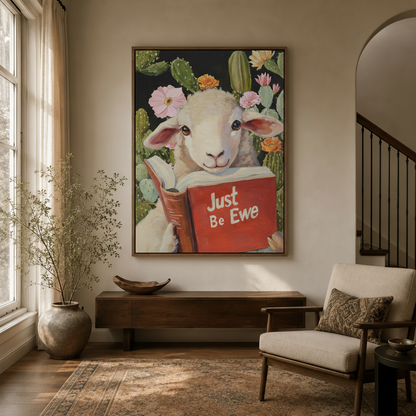 Whimsical lamb reading Just Be Ewe book canvas print in warm modern entryway