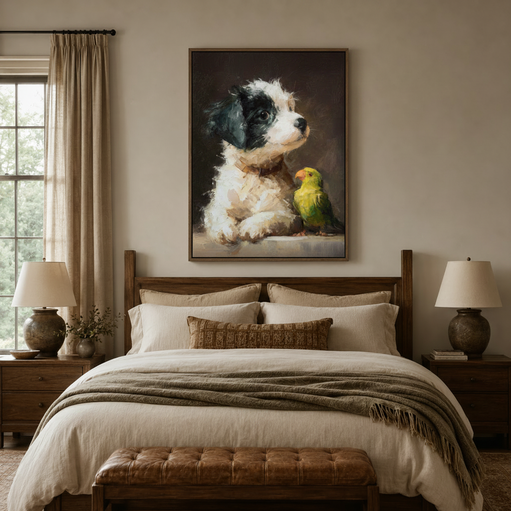 Framed puppy and parrot canvas wall art centered above wooden bed headboard in neutral bedroom