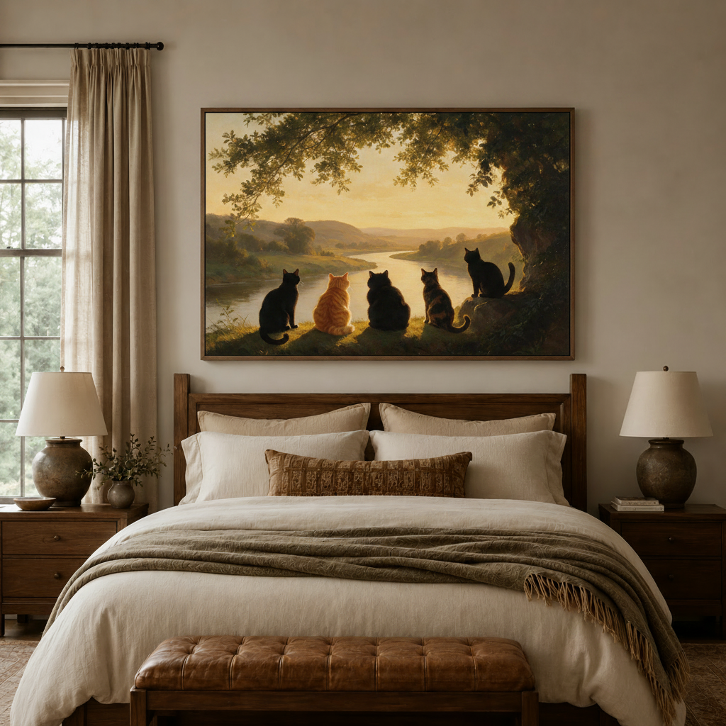 Large horizontal cat canvas wall art centered above wooden bed headboard in cozy bedroom