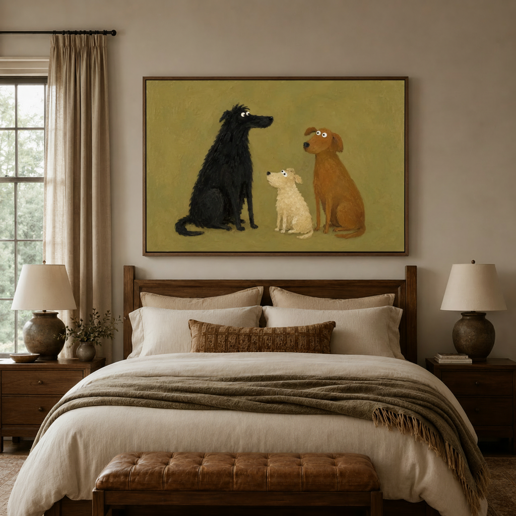 Whimsical dog folk art canvas in dark walnut float frame above bed in warm master bedroom