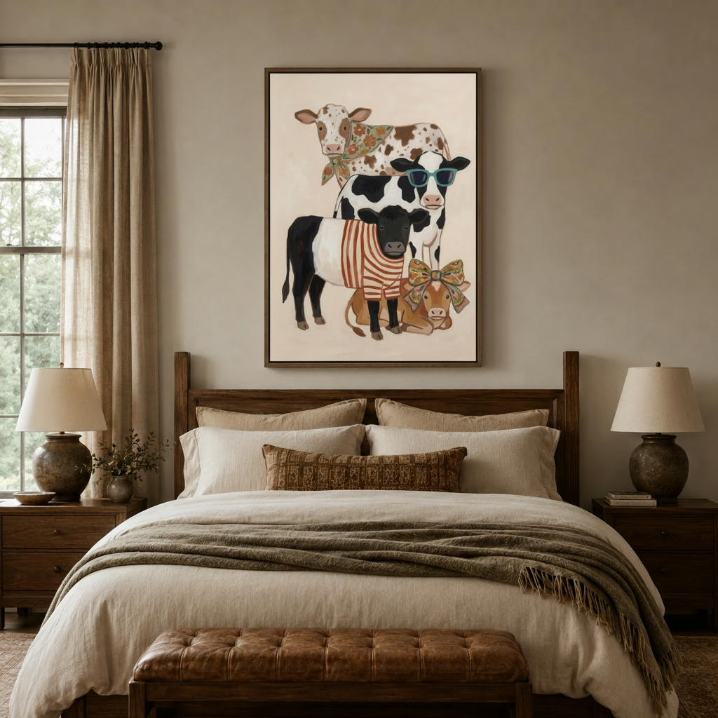 Playful farmhouse cow art print above bed in warm neutral bedroom with dark walnut headboard