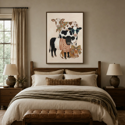 Playful farmhouse cow art print above bed in warm neutral bedroom with dark walnut headboard