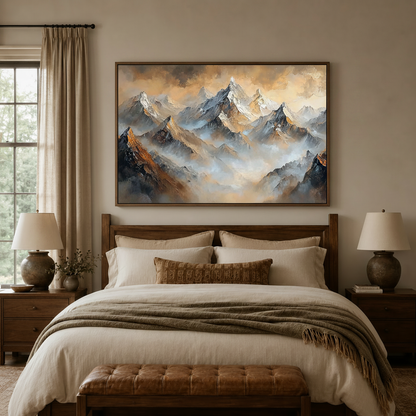 Snow-capped mountain impasto canvas print above bed in cozy neutral bedroom with ceramic lamps
