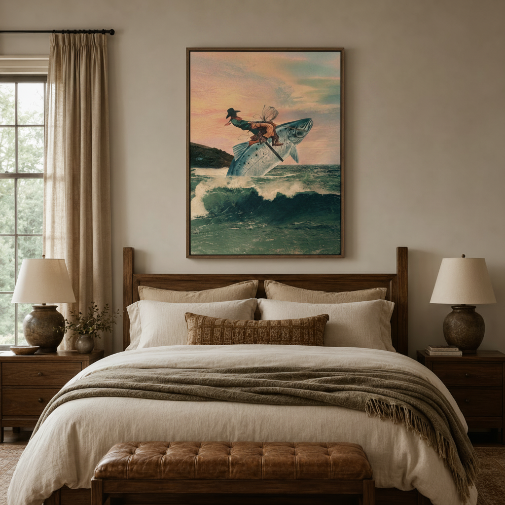 Vintage surrealist canvas wall art centered above bed in cozy neutral master bedroom with warm ambient lighting