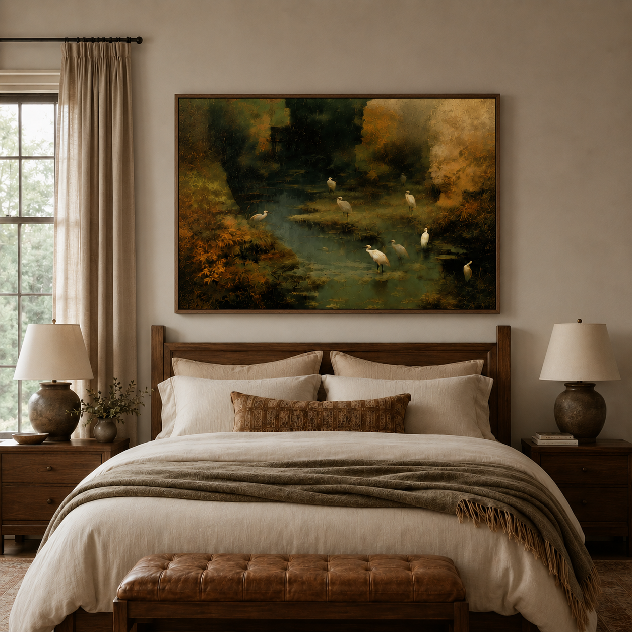 Dark nature egret painting on canvas hung above a bed in a cozy, earth-toned bedroom interior