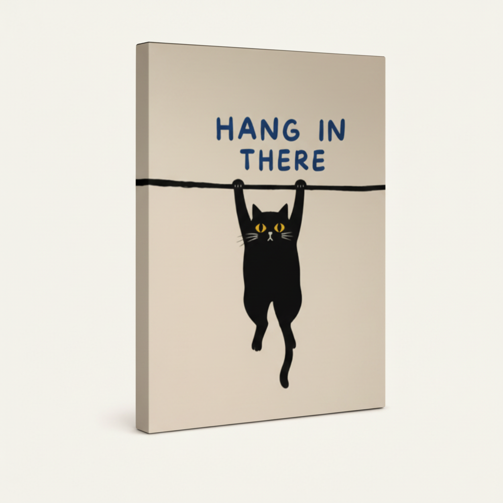 Gallery-wrapped canvas close-up showing black cat silhouette with yellow eyes and bold navy blue text