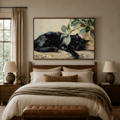 Oil painting of sleeping black cat beside potted plant above bed in cozy bedroom