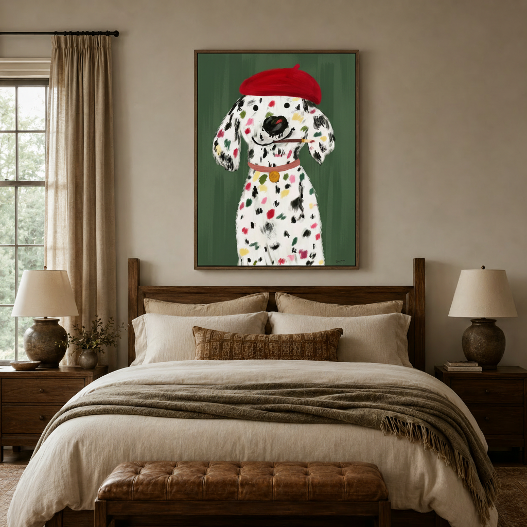Whimsical Dalmatian dog canvas print above a walnut bed frame in a neutral bedroom