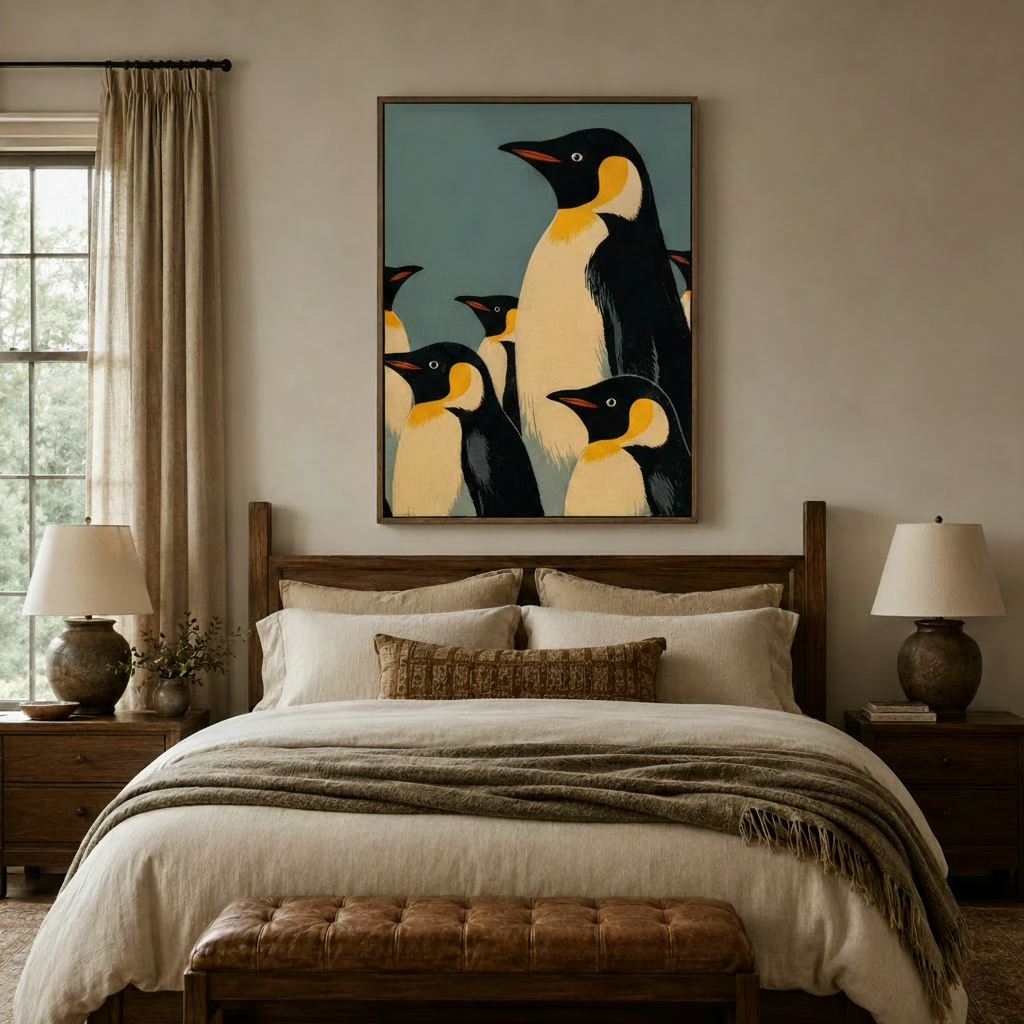 Emperor penguin canvas wall art above bed in a cozy neutral bedroom with warm lighting