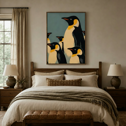 Emperor penguin canvas wall art above bed in a cozy neutral bedroom with warm lighting